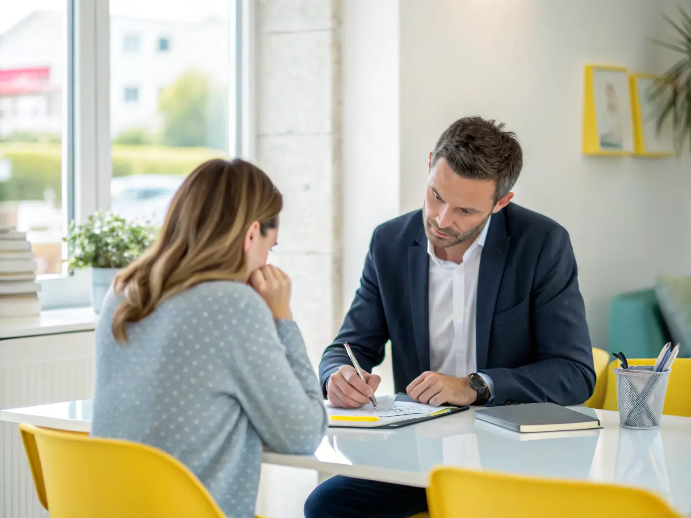 A professional financial advisor providing investment advice to a client in a modern office setting, emphasizing trust and expertise.